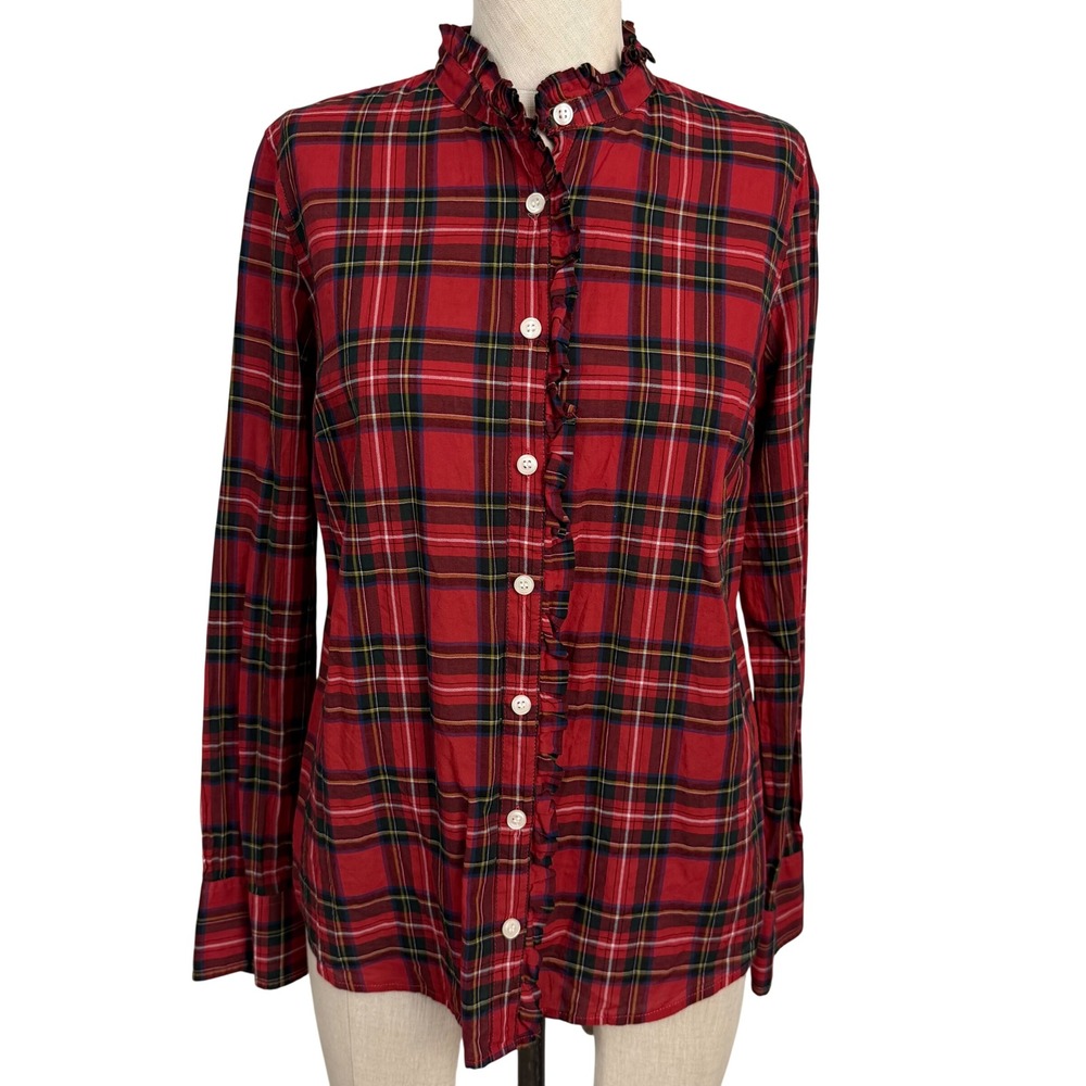 J. Crew Factory Red Tartan Plaid Ruffle Collar Button Down Top Long Sleeve Shirt